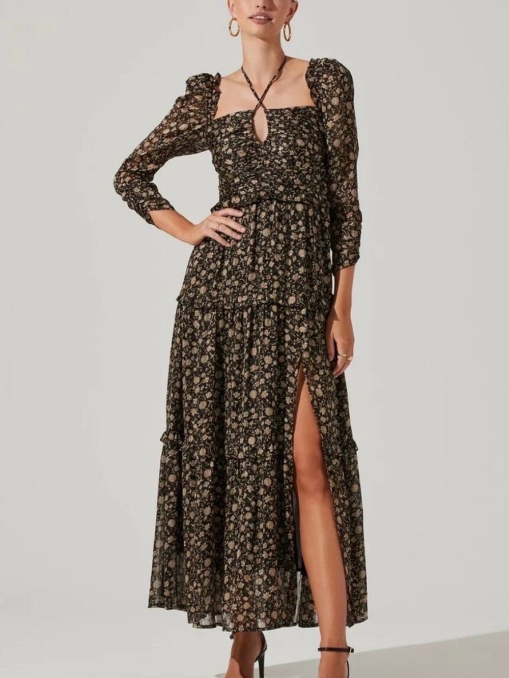ASTR The Label Black Floral Puff Sleeve Tiered Maxi Dress
